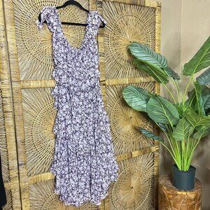 MISA Women's Sleeveless Ruffle Midi Dress Purple Floral Size Medium